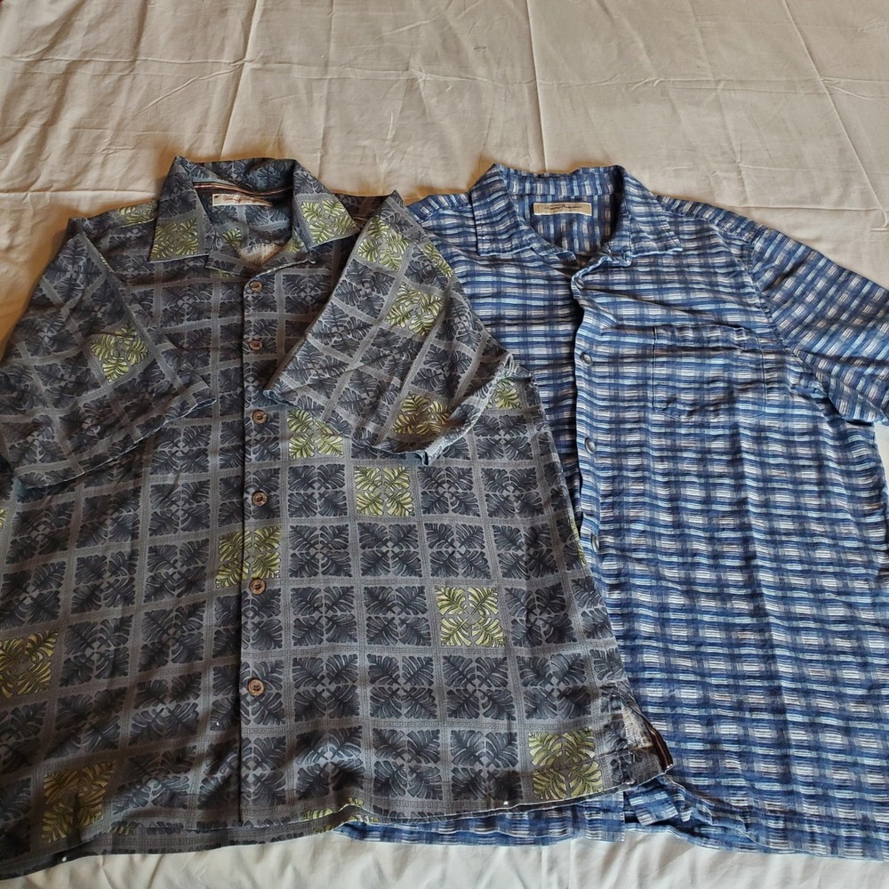 Tommy Bahama Mens XL Silk Cotton Shirt Bundle‎ 2pk Grey Tropical Blue Plaid XL